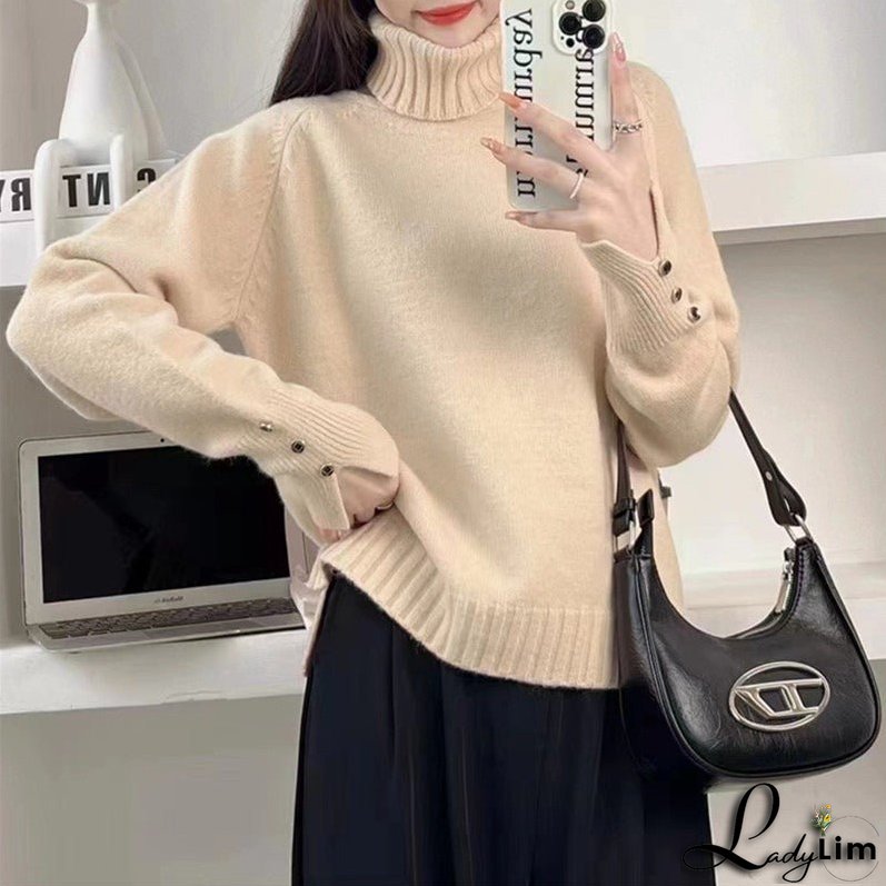 Knitted shirt with double neck pullover and long sleeves with split hem