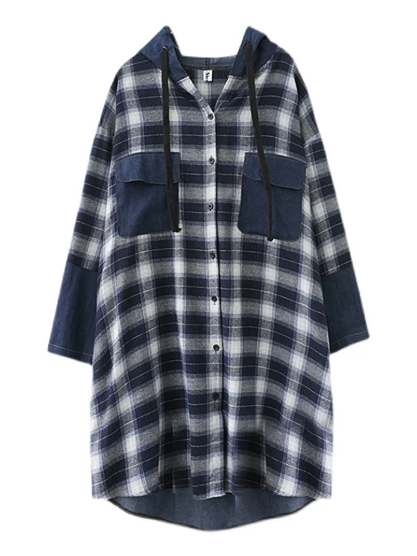 Blue Plaid Split-Joint Loose Hooded Shirt Outerwear