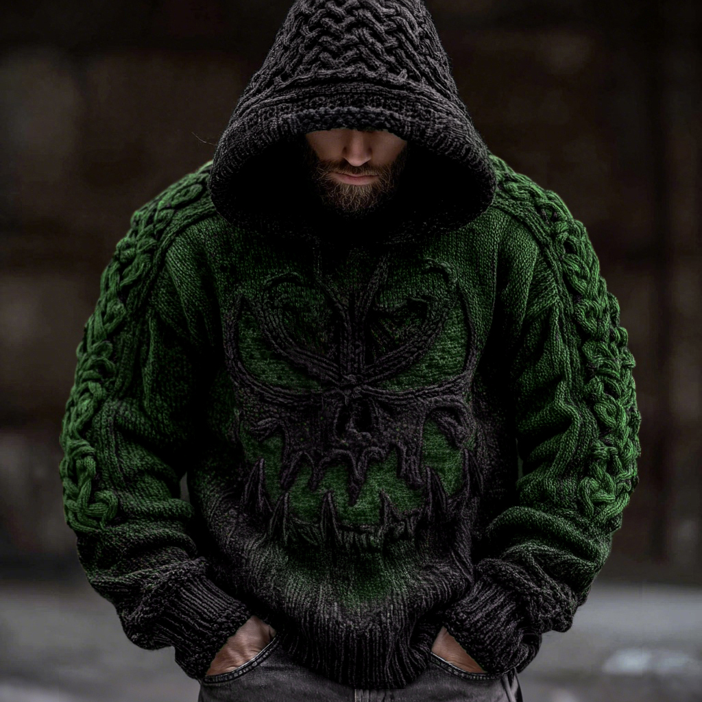 Men's Viking Devil Face Celtic Knot Jacquard Knit Hooded Sweater  artssus