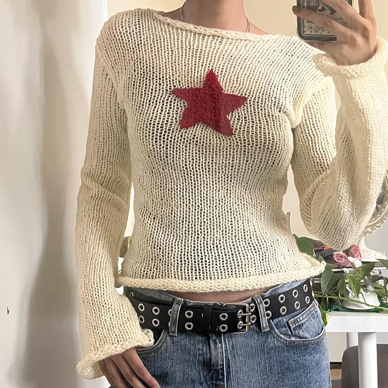 Huibahe Sweater Women Cute Star Stitching Knitwear Smock Vintage Long Sleeve Hollow Out Sweaters Lady Jumper Fairycore Retro