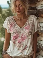 Bohemian Style Floral And Butterfly Pattern Women's T-shirt