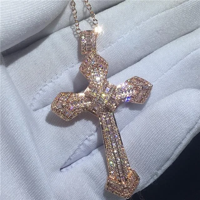 Iced Out Baguette Cross Pendant Necklace-VESSFUL