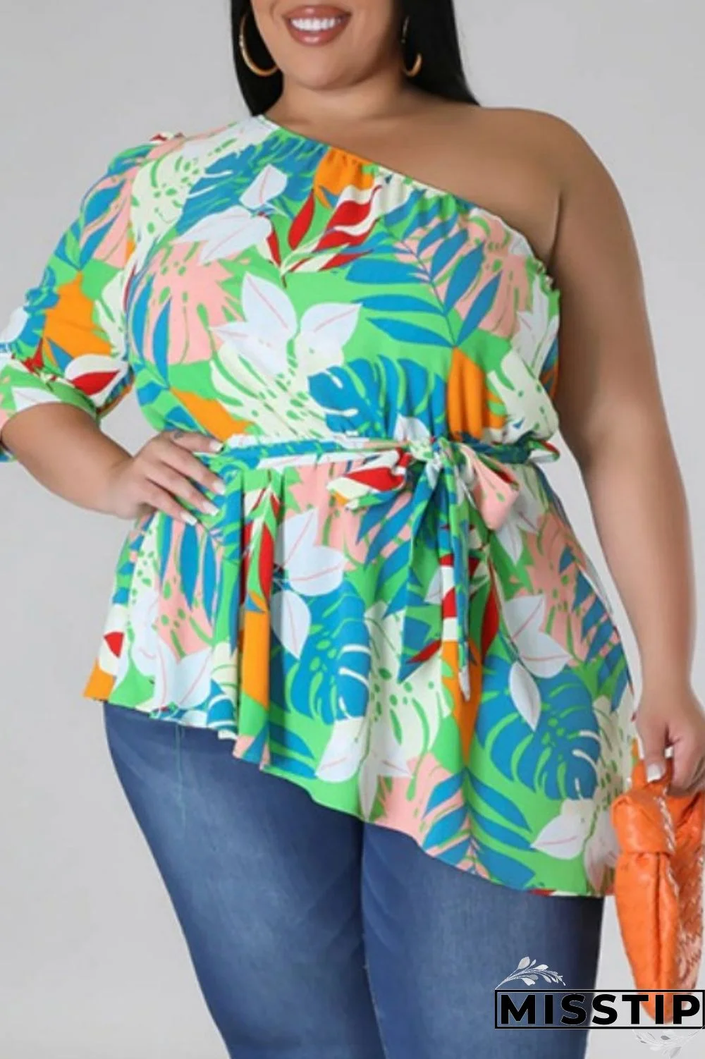 Black Yellow Casual Print Backless Oblique Collar Plus Size Tops