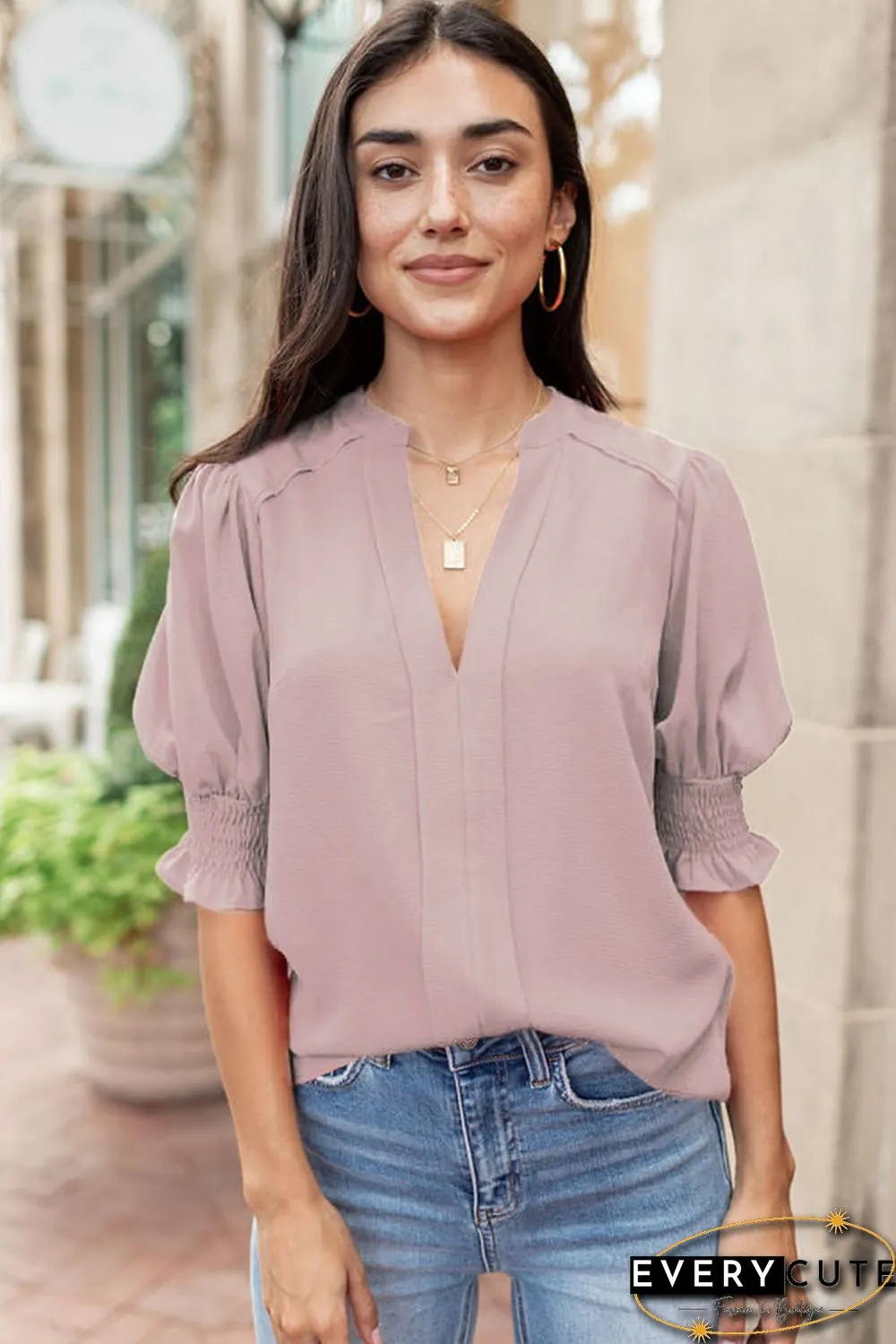 Pink Solid Color Half Sleeve V Neck Blouse