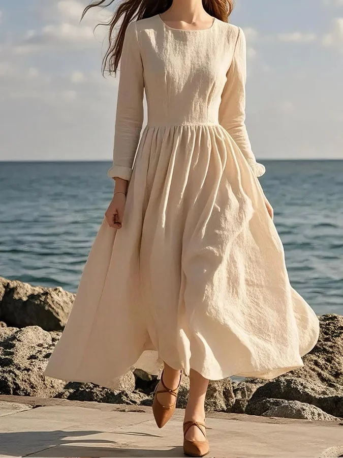 Women's Casual Solid Color Square Neck Long Sleeve Shirred Dress