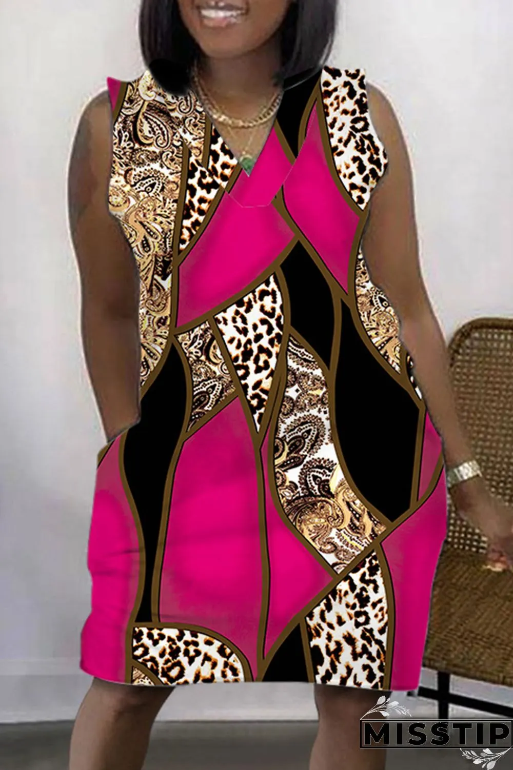 Purple Casual Print Patchwork V Neck Sleeveless Dress Dresses