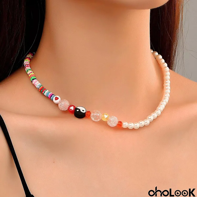 Women Fashion Bohemian Multicolor Beads Imitation Pearls Princess Necklace