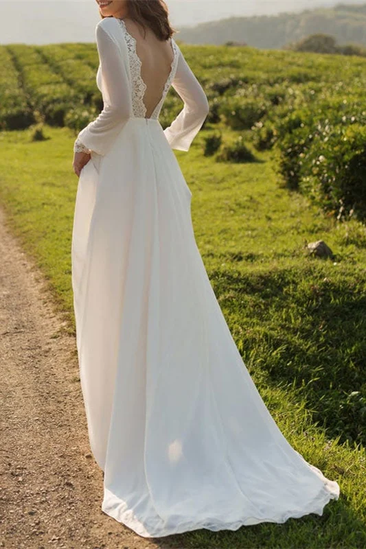 Miabel Long Sleeves Chiffon Backless Wedding Dress