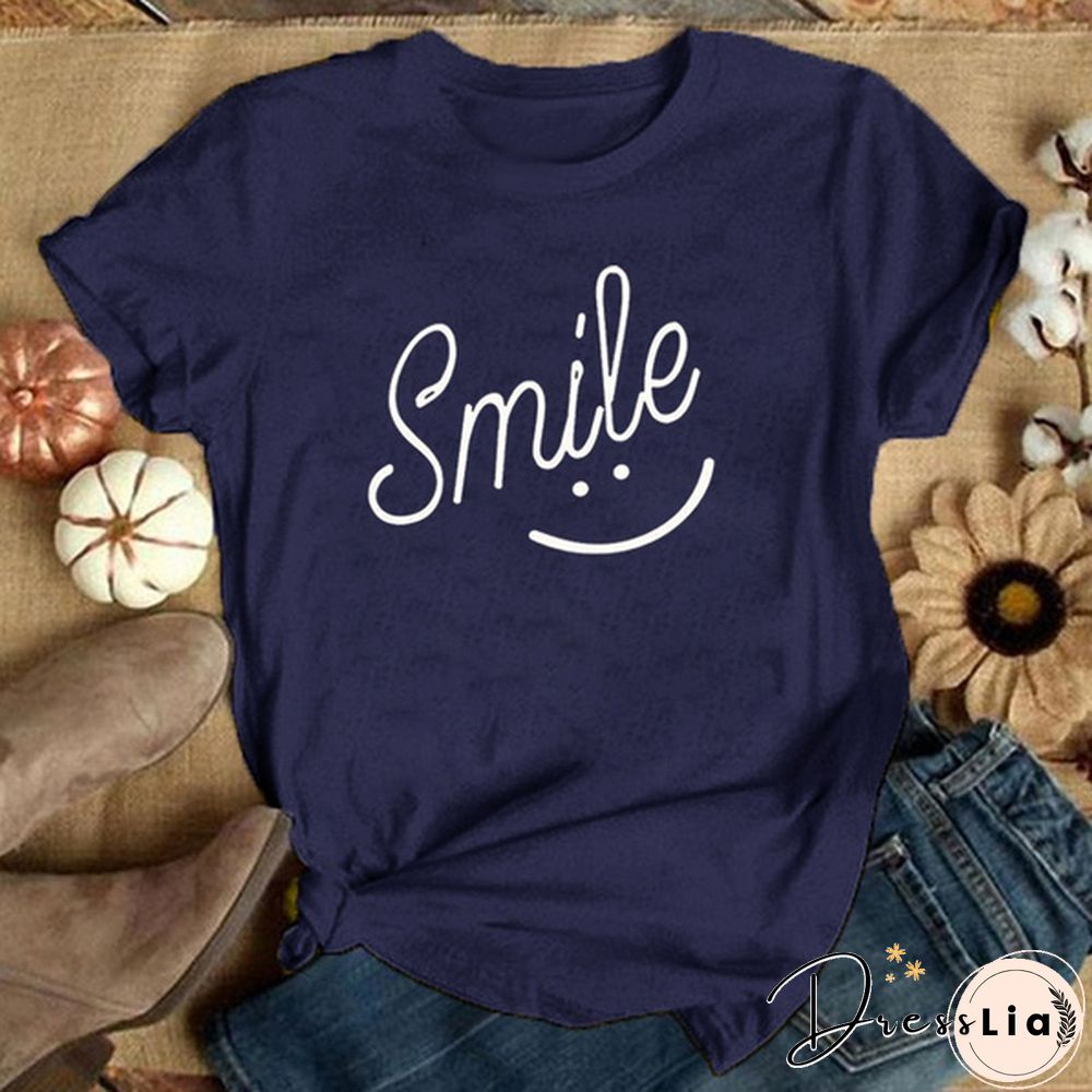 Smile Print Women T Shirt Short Sleeve O Neck Loose Women Tshirt Ladies Tee Shirt Tops