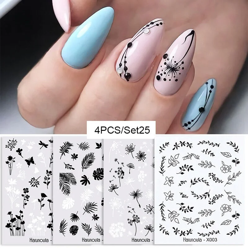 Harunouta 4Pcs Colorful Wave Leaf Flowers Water Decals Stickers Fruit Snake Designs Manicure Nail Art Decorations For Summer