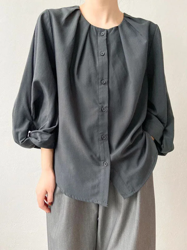 Casual Black Round-Neck Pleated Buttoned Puff Sleeve Blouse