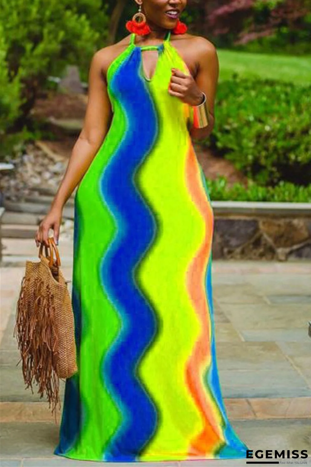 blue and yellow Sexy The lime green blue and yellow Sleeveless Halter Neck A-Line Floor-Length Striped Print Rainbow backless Dresses | EGEMISS