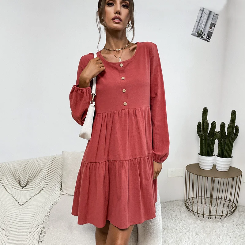 Pleated loose long sleeve cotton linen red dress
