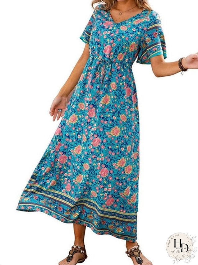 Casual Dress Swing Dress Floral Dress Long Dress Maxi Dress Black Blue Royal Blue Short Sleeve Floral Print Spring Summer V Neck Loose Fit S M L XL XXL 3XL for Women