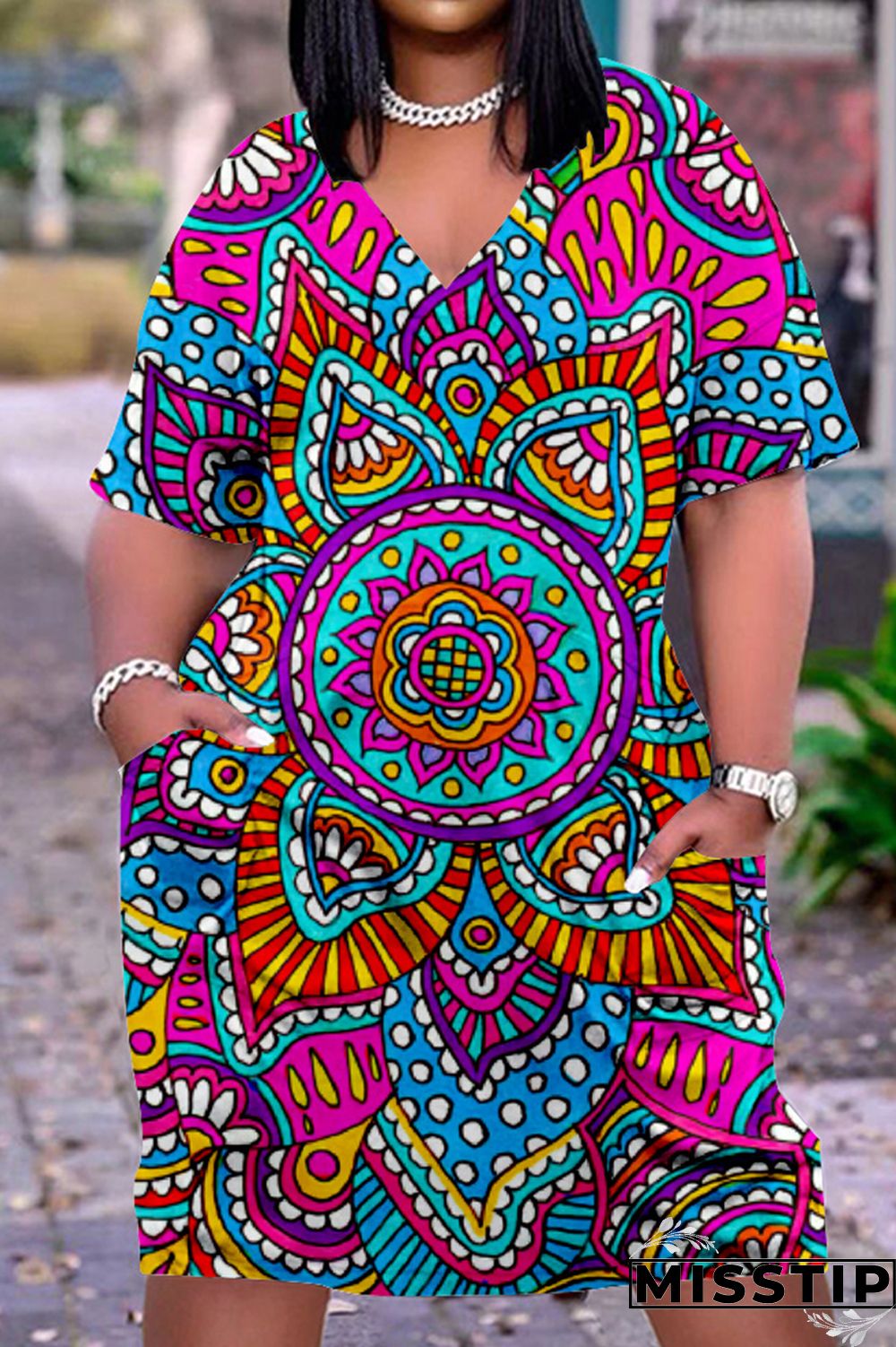 Khaki Fashion Casual Print Basic V Neck Short Sleeve Dress