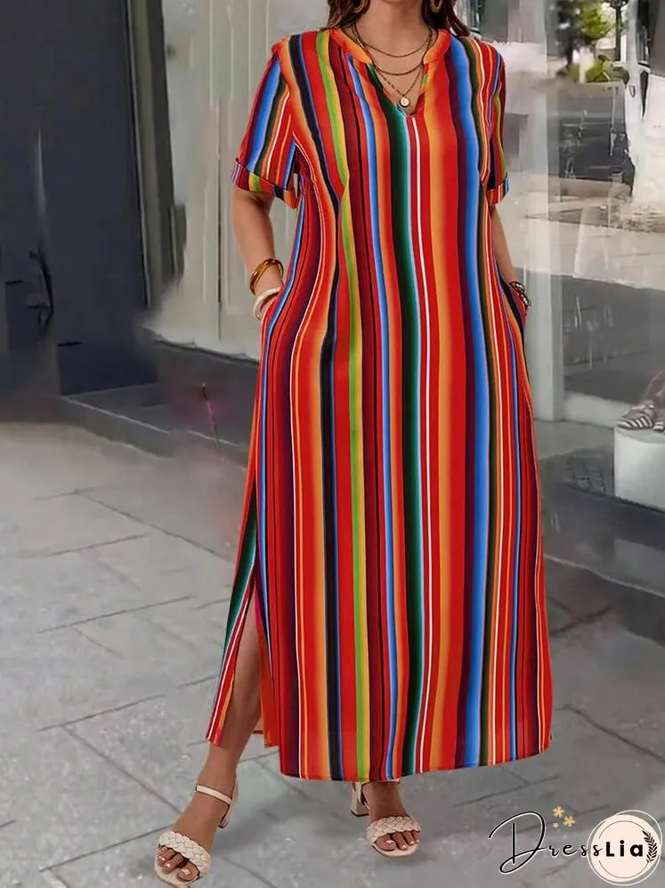 Plus Size Notched Neck Striped & Printed Split Hem Summer Casual Vacation Short Sleeve Dress
