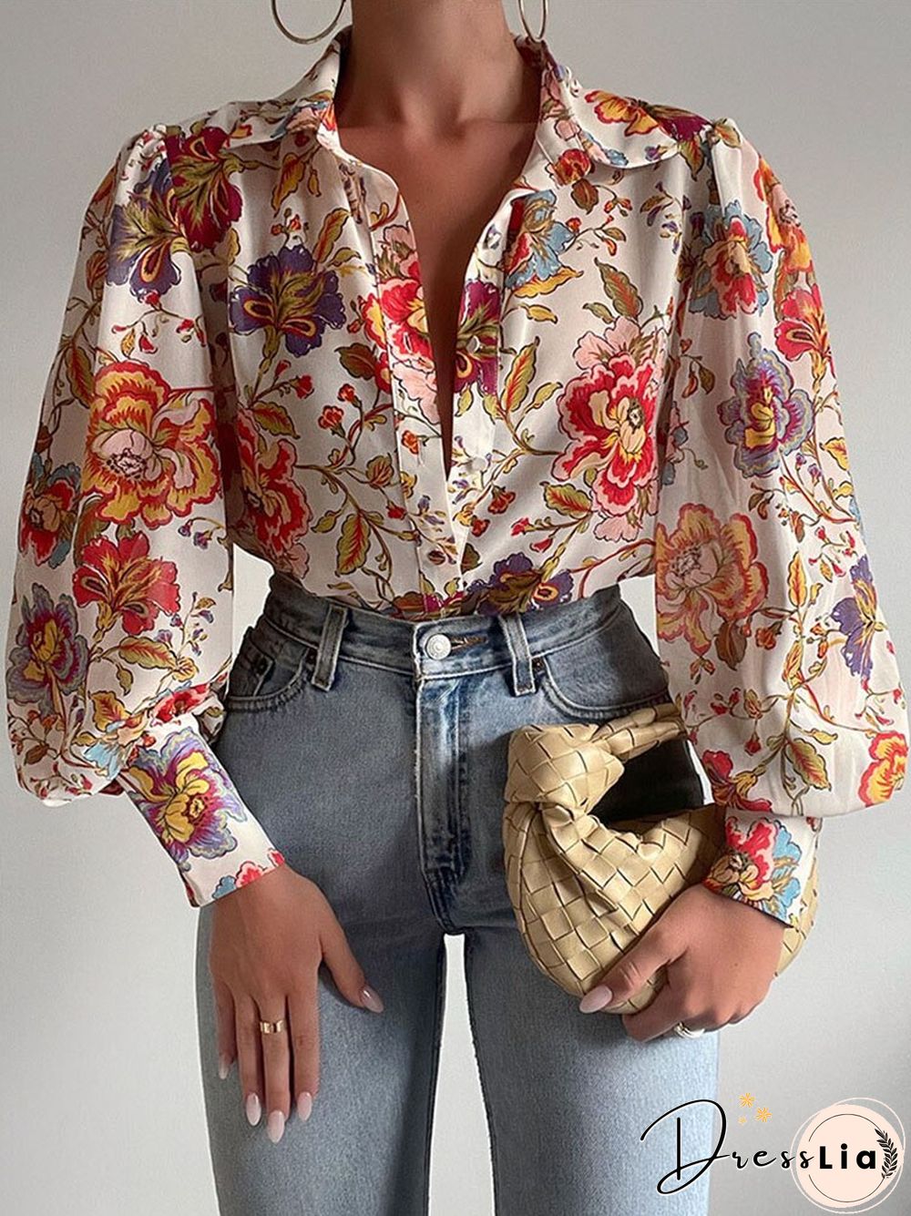 Fashion Lantern Sleeve Spring Summer Tops Blouses Casual Pattern Printed Single-bleached