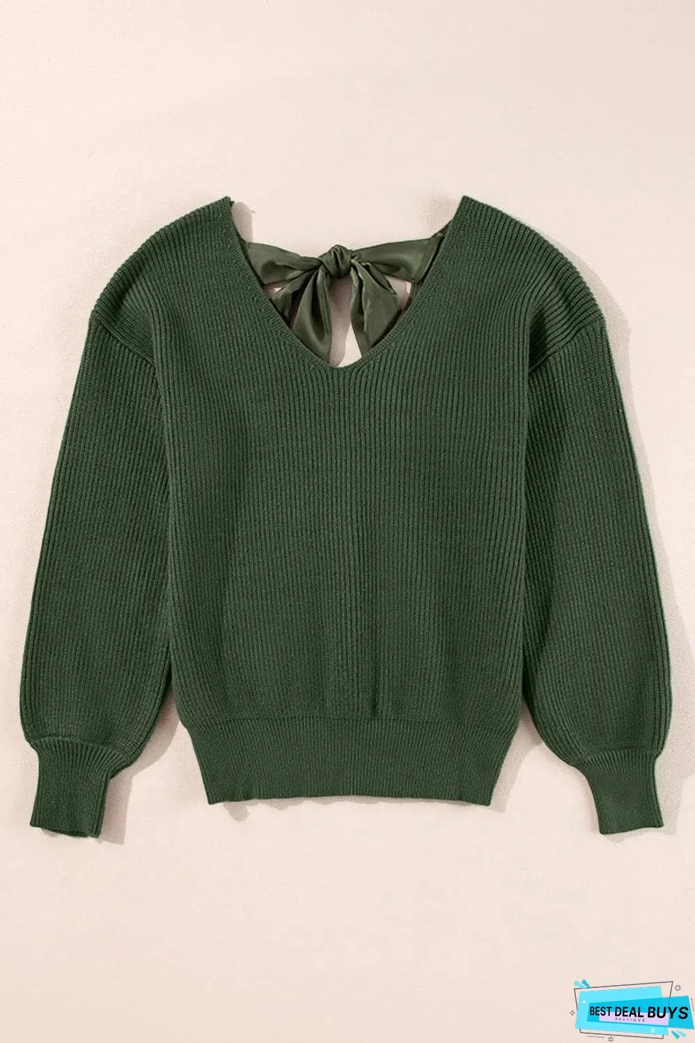 Jungle Green Lantern Sleeve V Neck Knot Back Sweater