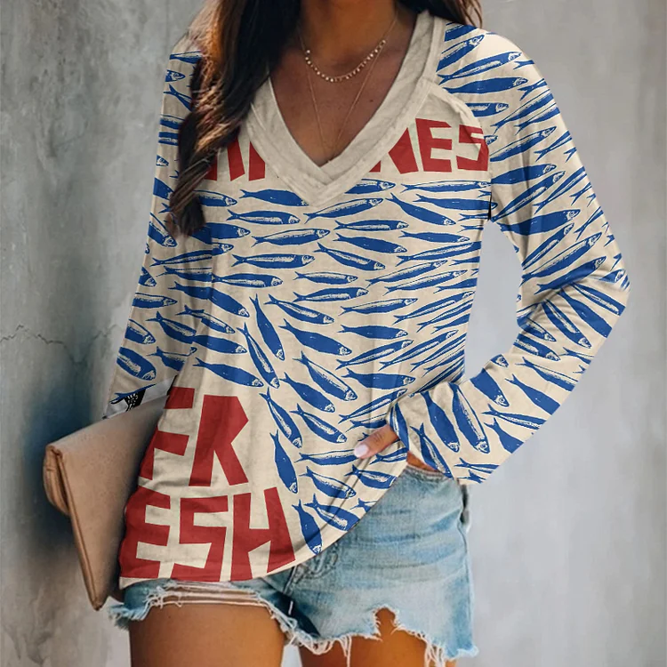 Vintage Fish Sardines Art Pattern Print Casual Long Sleeve T-Shirt