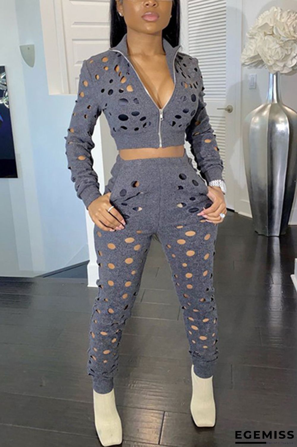 Dark Gray Fashion Sexy Cutout Design Two-piece Set | EGEMISS