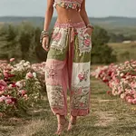 Vintage Boho Floral Patchwork Cozy Linen Trousers - Image 2
