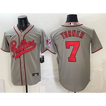 Men's Philadelphia Phillies #7 Trea Turner Gray Cool Base Stitched Baseball Jersey