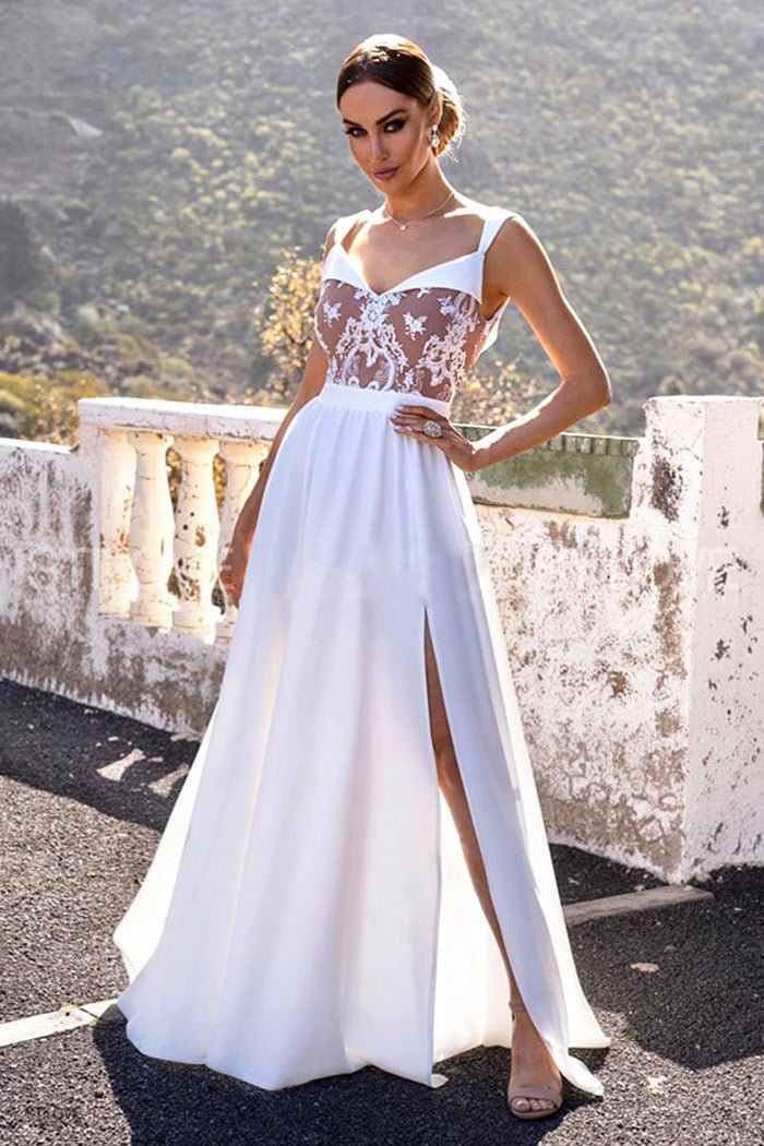 Wedding Guest  Summer Dress  Women Elegant Lace Evening Wedding Dress Fashion Female Sexy Strap V Neck High Waist Corset Halter Slit Party Dress