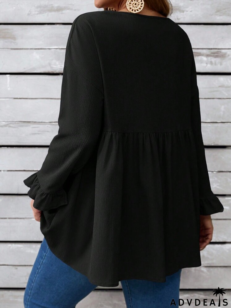 Plus Size Women's Spring/Summer Solid Color Round Neck Long Sleeve Loose Cute Blouse