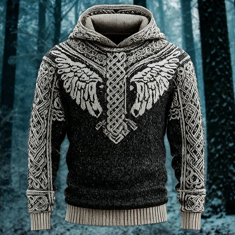 Men's Viking Wings Art Print Knit Hooded Sweater