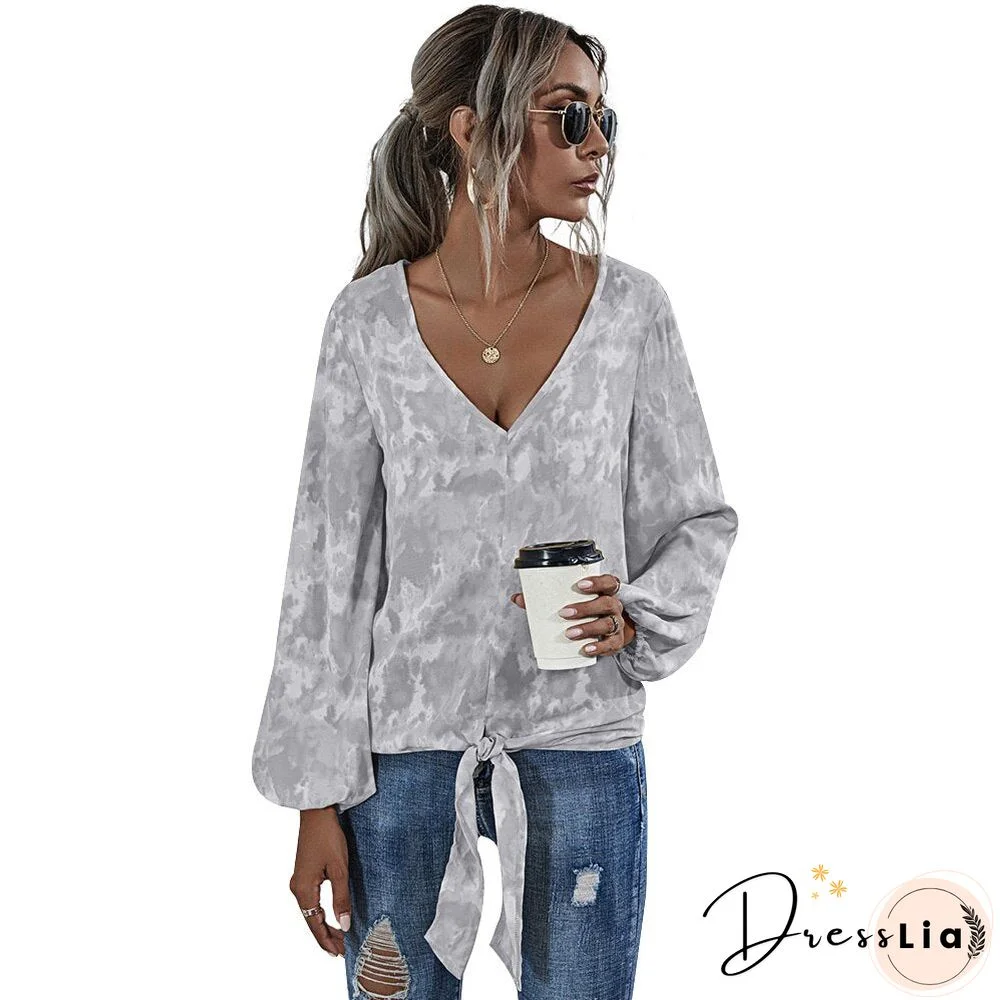 Sale Womens Loose Top Long Sleeve Vintage Tee Top With Lantern Sleeves Lace Up Ladies Tops Bandage Tshirt Tie Dye Summer Tee D30