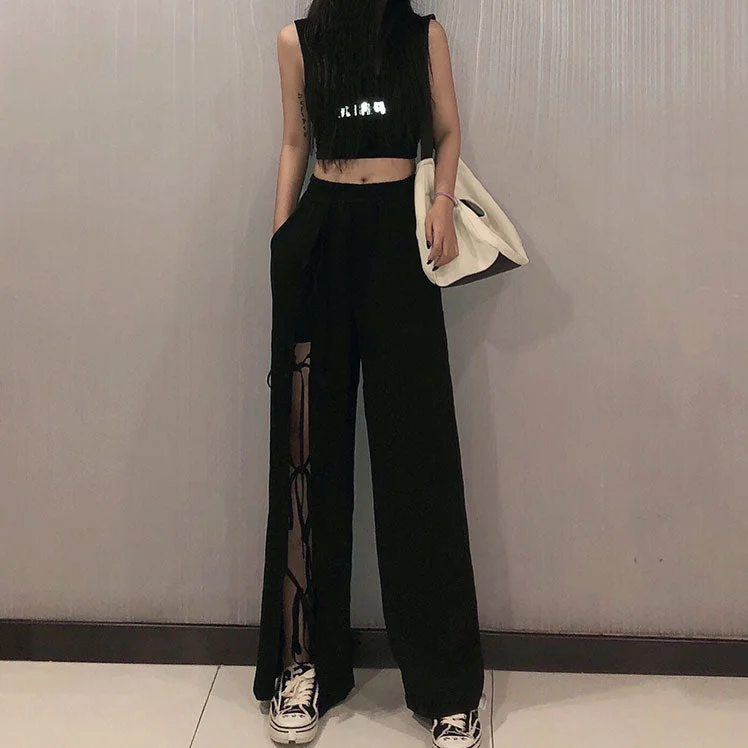 Casual Pants Women Wide Leg Loose Drape Lace Up Designed Mopping Leisure Slit Streetwear Female Autumn Korean Style Casual Chic