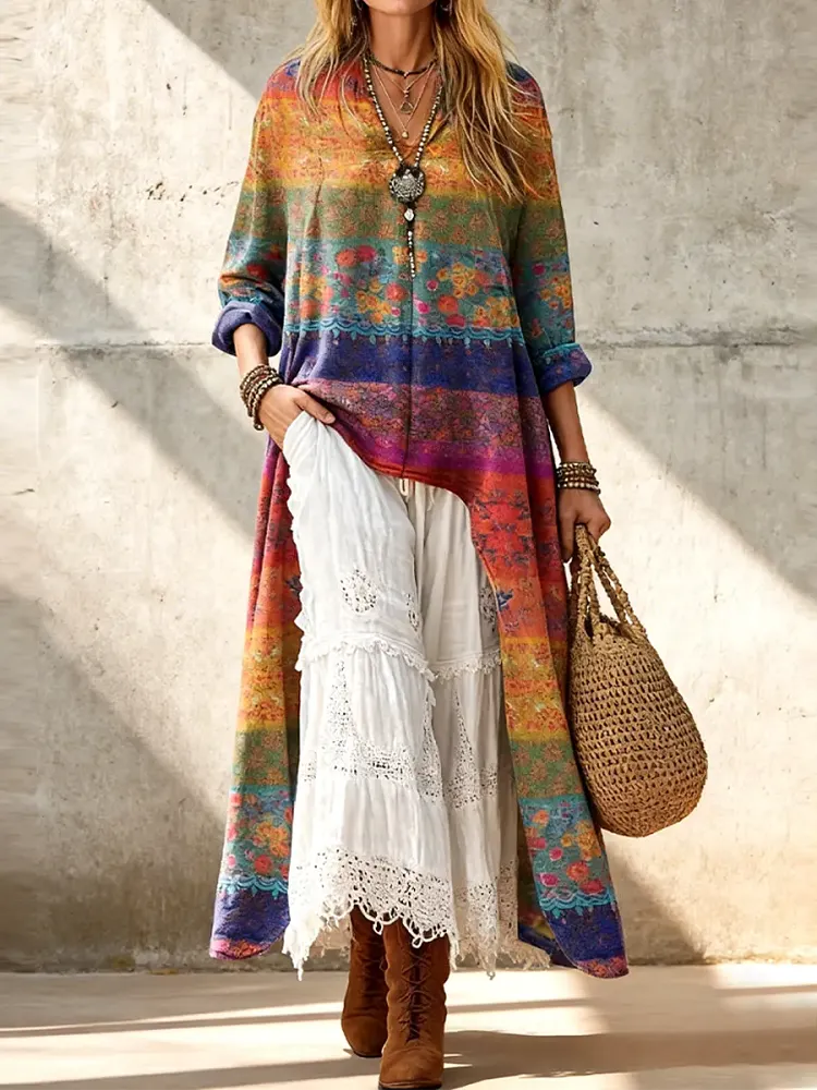 Women's Casual Retro Loose Fitting Long Back Hem Flowers Print Cotton Linen Shirt
