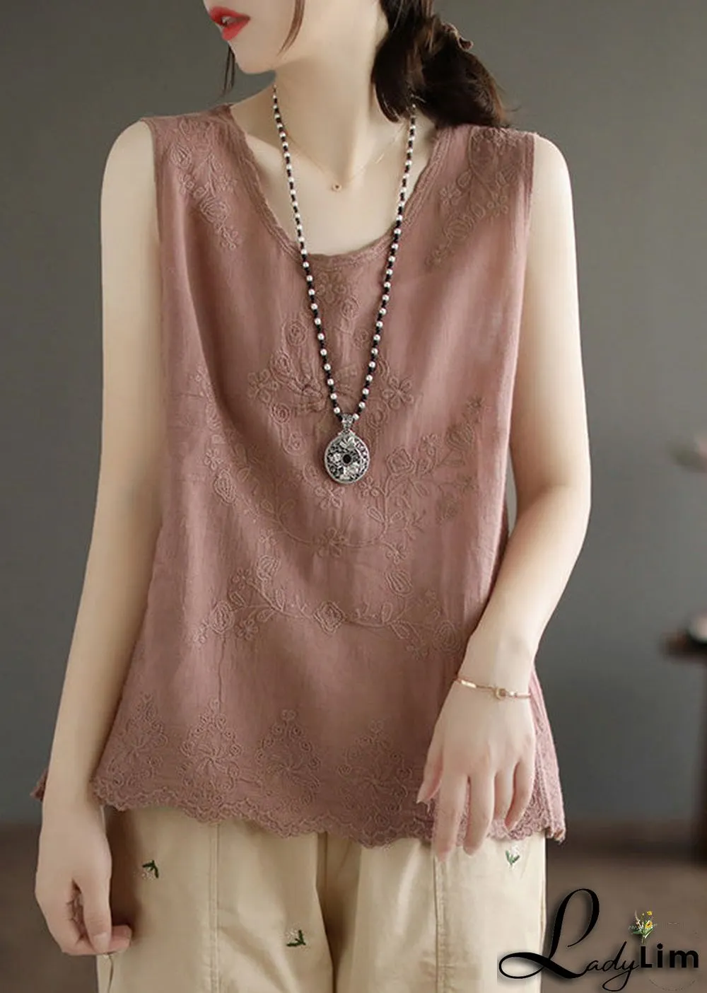 Skin Pink Embroideried Solid Cotton Vest Sleeveless