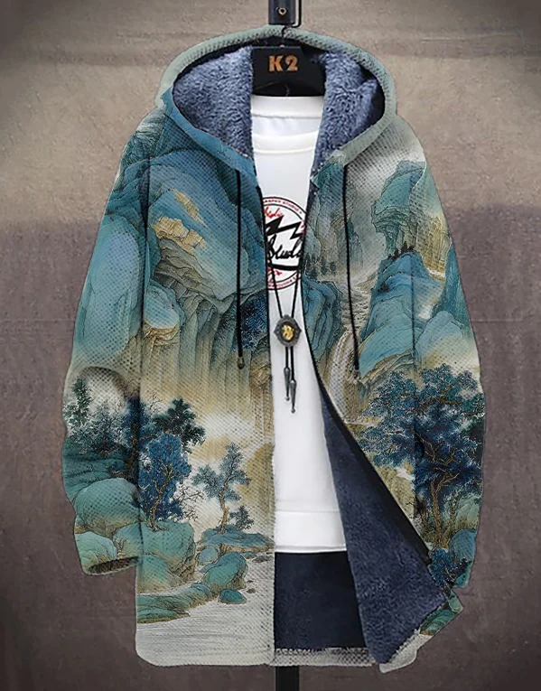 Men's Chinese Style Landscape Ink Painting Print Hooded Trench Coat