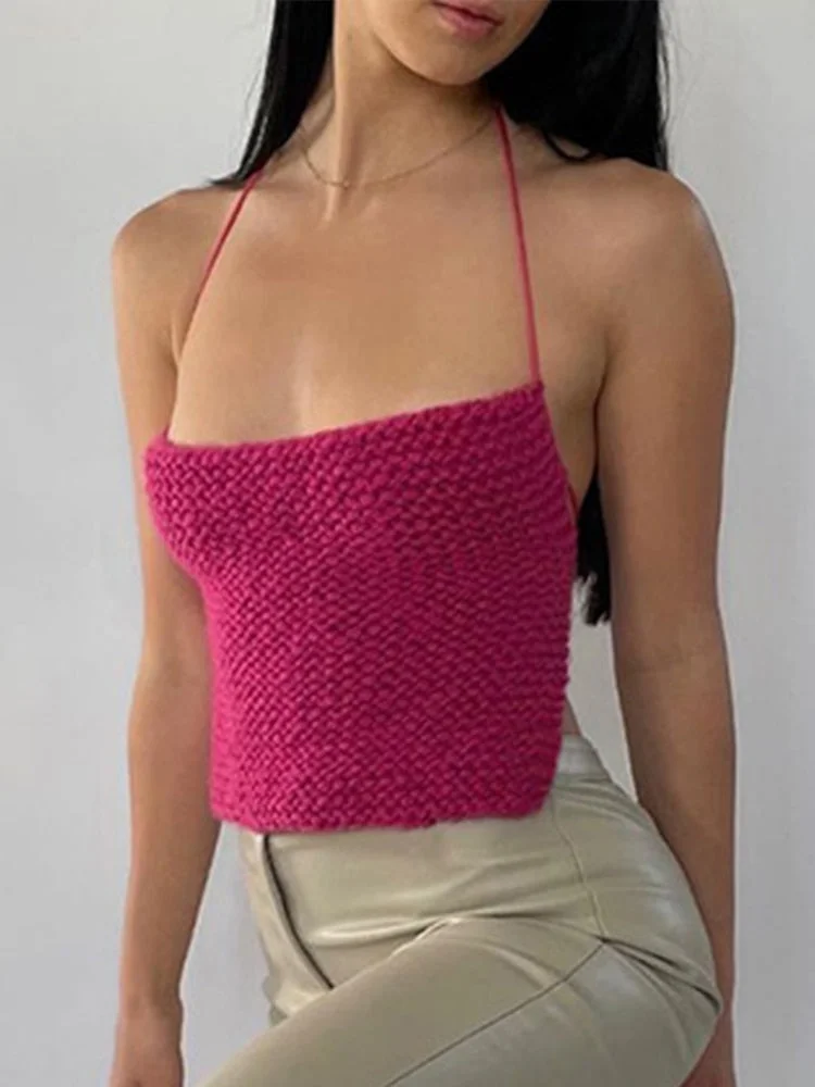 JacuqeLine 2022 Y2K Elegant Sleeveless Knitted Tank Top for Women Summer Sexy Backless Halter Camis Tops Party Club Clothes