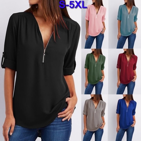 Plus Size S-5XL Women Deep V Neck Ladies Fashion Casual Tops Sexy Zipper Pullover Plus Size T-Shirt Summer Loose Top Long Sleeve Shirt Chiffon Blouse - BlackFridayBuys