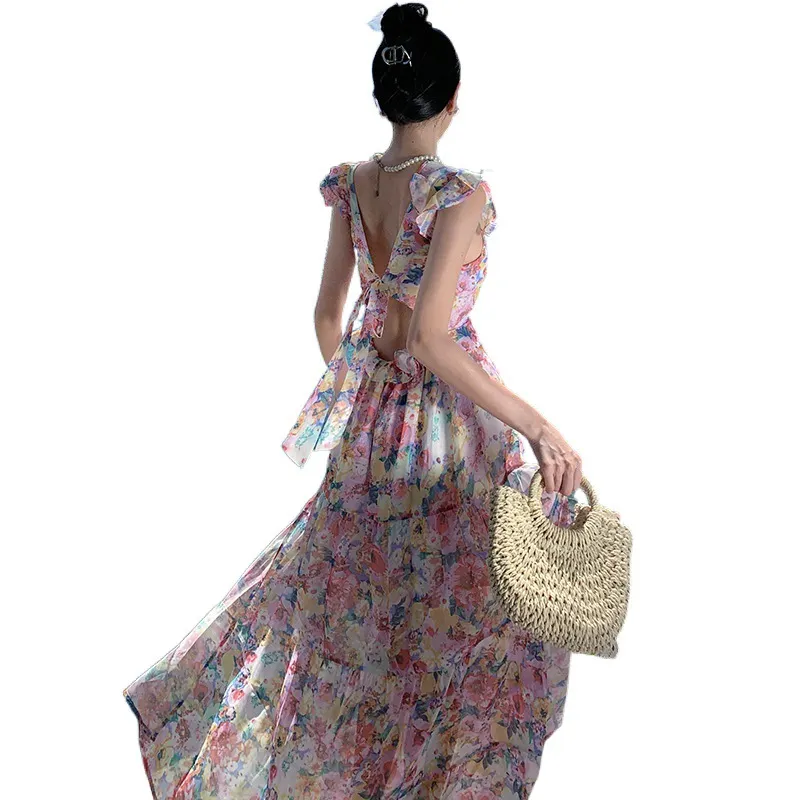Churchf Churchf Floral Collar Dress Female Tea Break Seaside Vacation Senior Age Reduction Long Skirt Sanya Open Back Lace Skirt