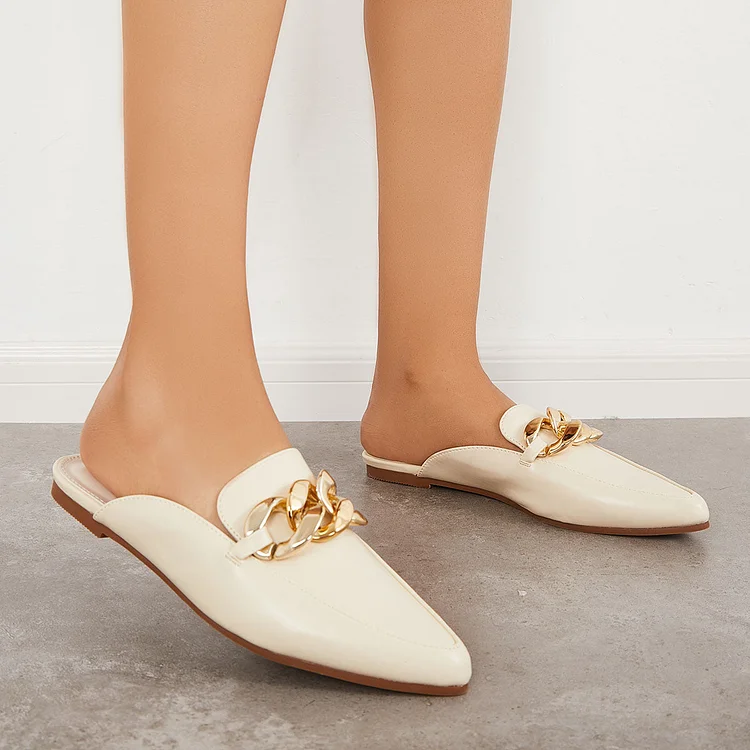 Chain Decor Slip on Flat Mules Backless Loafer Shoes