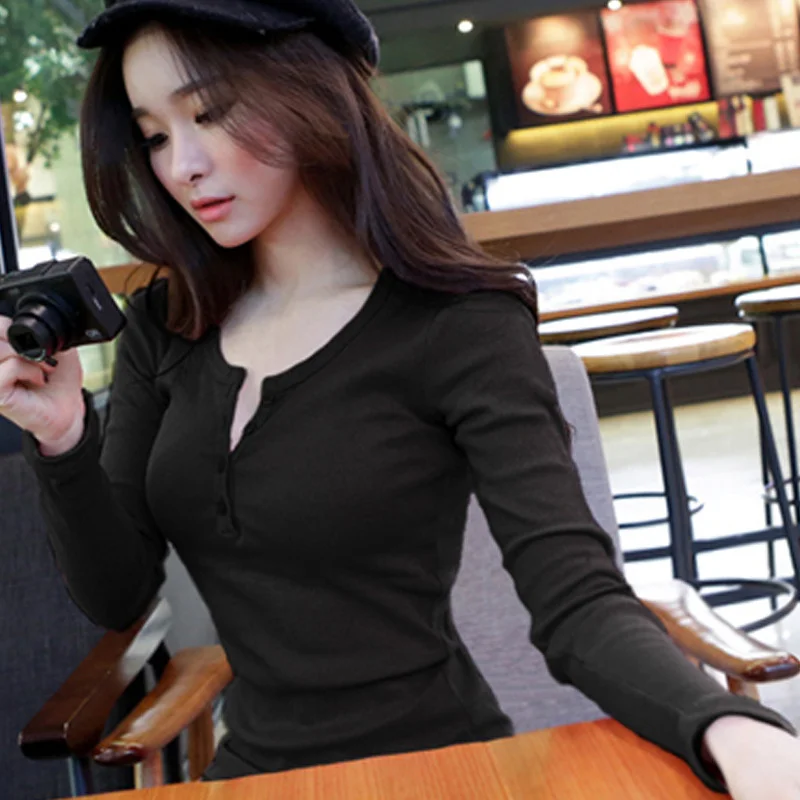 Brownm Brownm 2024 Buttons And Thread Solid Color Long Sleeve T-Shirt Women's Slim Korean New Top Bottom Shirt Outside The Fashion