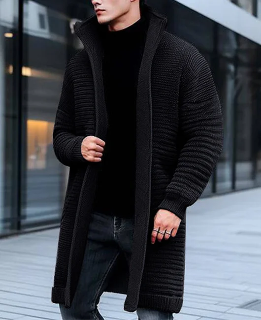 Daily Solid Color High Neck Pockets Rib Knit Long Sweater 
