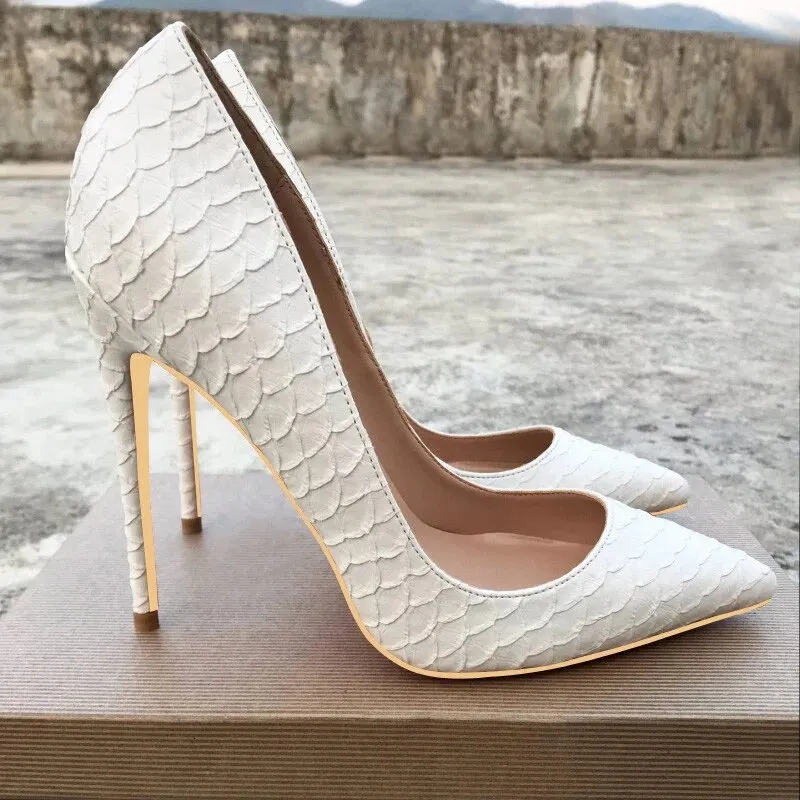 White Crocodile-Effect Women Pattern Stiletto High Heels 12cm 10cm 8cm Pointy Pumps Chic Party Shoes