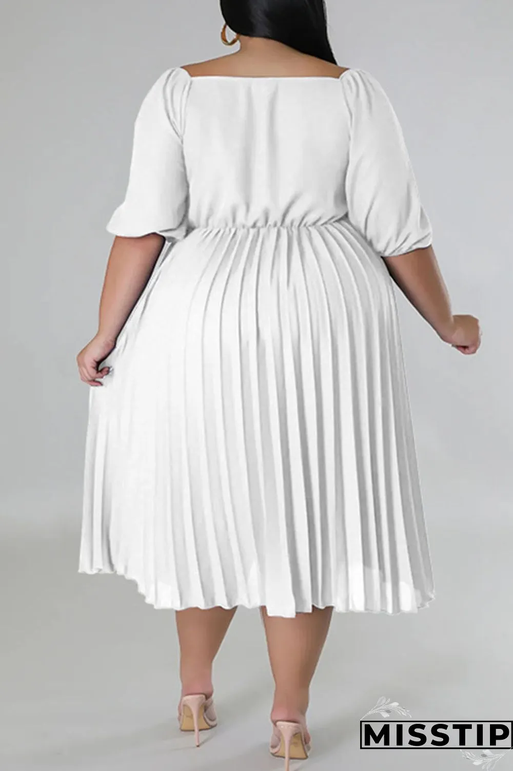 White Casual Solid Patchwork Fold V Neck Straight Plus Size Dresses