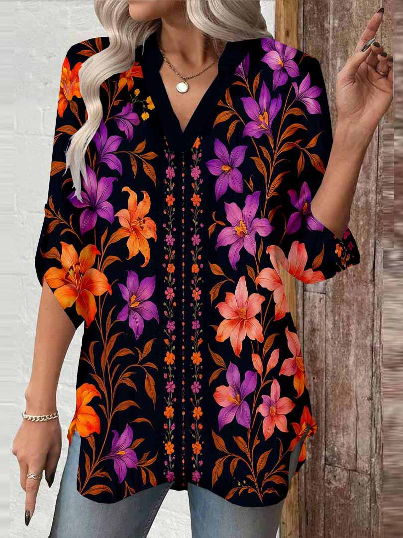 Women Floral, Black, Orange, Purple DZGA0086 3/4 Sleeve V-neck Printed Graphic Button Tops