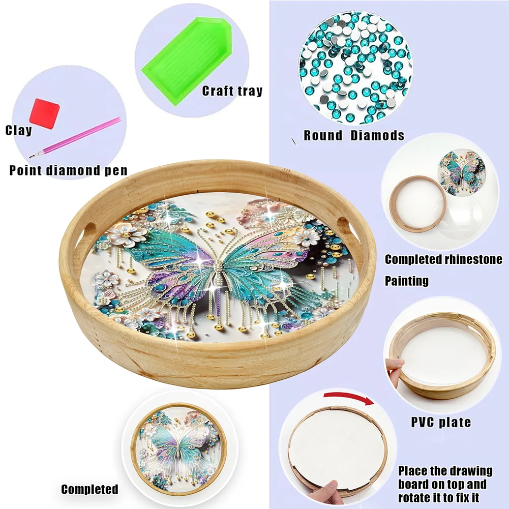 DIY Butterfly Wooden Diamond Food Dinner Plate with Handle for Coffee Table