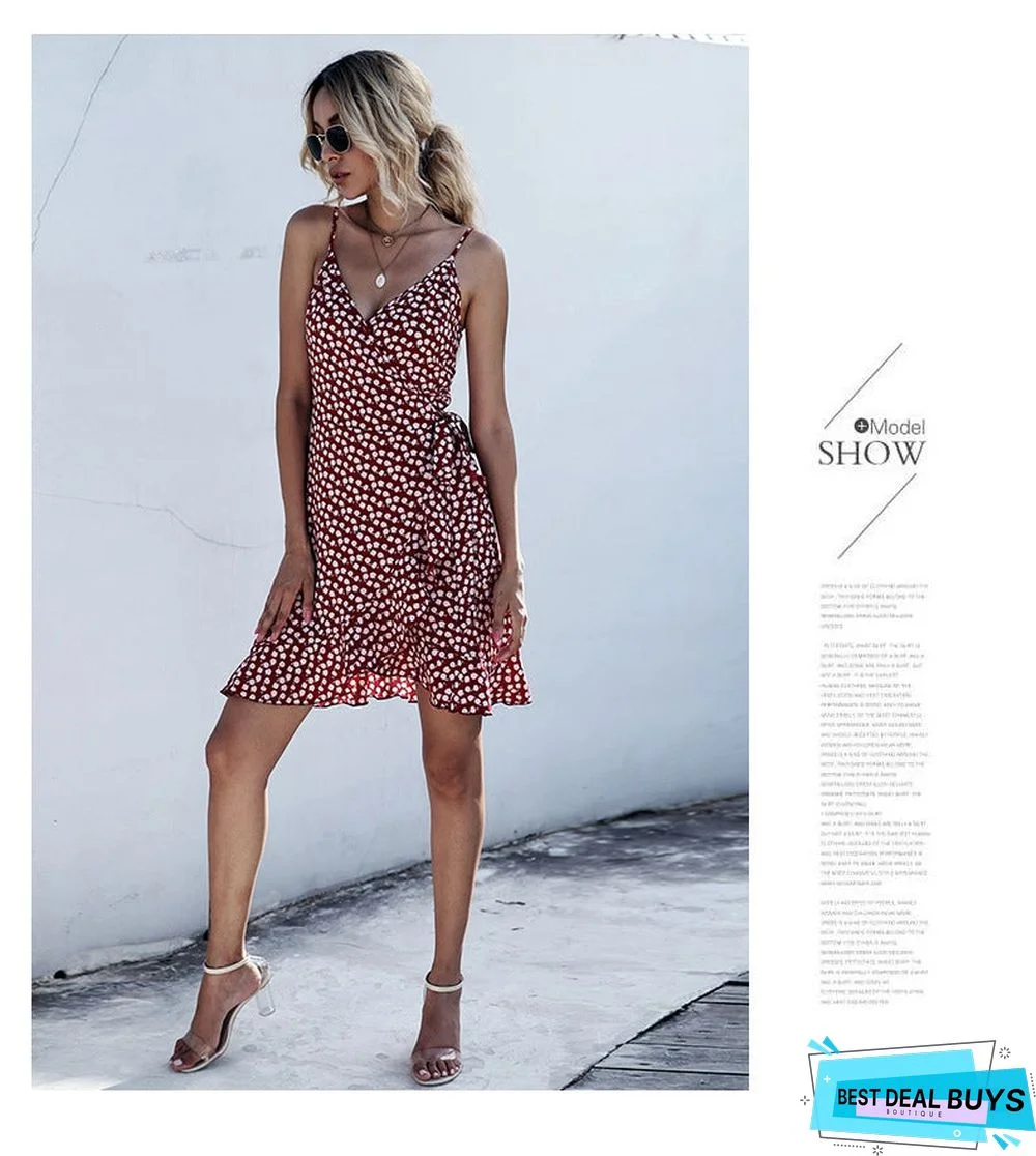 Summer Printing Irregular Ruffled Suspenders Dress Women