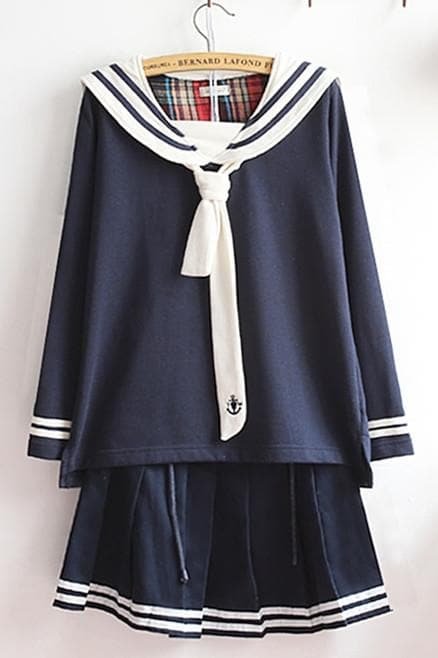 M-XL Beige/Navy Long Sleeve Sailor Top with Skirt Uniform Set SP153608