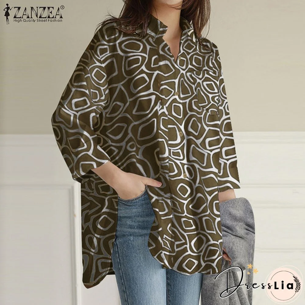 Women Casual Streetwear Full Sleeve Autumn Shirt Geometric Printing Turn-Down-Collar Shirt Plus Size Loose Shirt Blouse