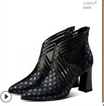 Summer Fashion solid mesh high heels pointed toe cross lines decoration ankle lady boots grace women ventilate boots red/black