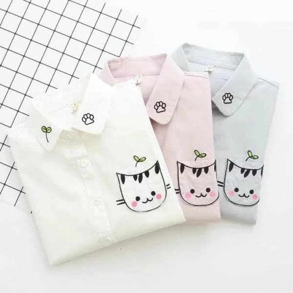 White/Blue/Pink Kawaii Cat Preppy Style Blouse SP1710994