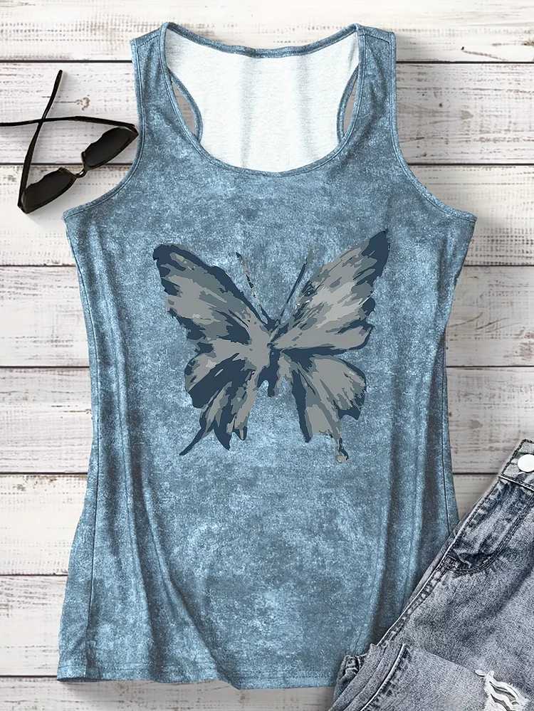 Women's Casual Butterfly Graphic Print Tank Top - Light Blue & White Sleeveless Round Neck, All-Season Machine Washable Comfort Fit, Seasonal Fashion, Relaxed Style, Durable Clothing
